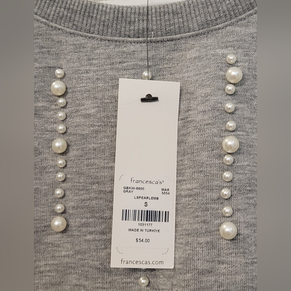 Franchesca's Cropped Sweatshirt Pearl-Embellished Grey- Small NWT - Picture 6 of 8